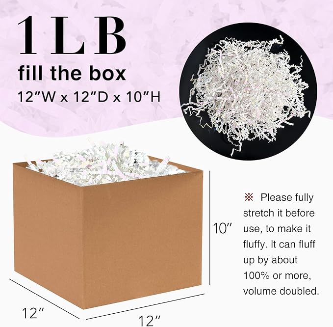 1LB Iridescent Crinkle Cut Paper Shred Filler for Gift Box Bag and Basket On Holidays(Diamond White)