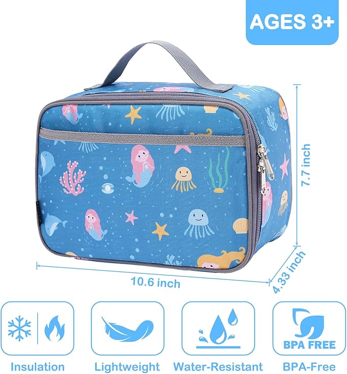 FlowFly Kids Lunch box Insulated Soft Bag Mini Cooler Back to School Thermal Meal Tote Kit for Girls, Boys, Mermaid