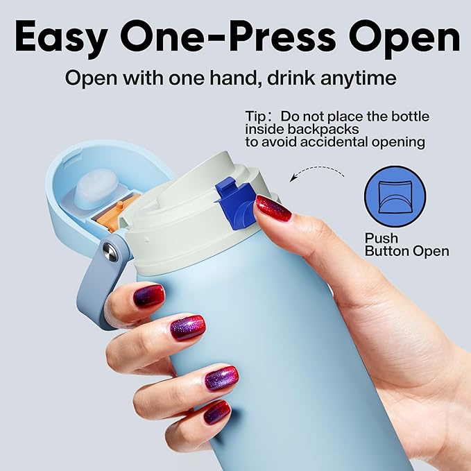 ENCOOL Insulated Water Bottle with Straw Stainless Steel Water Bottle with Push Button Lid, Leak-Proof & BPA-Free, Keeps Cold for 24 Hours for Sports, Travel, Gym (32 oz, Hazy Blue-Blue)