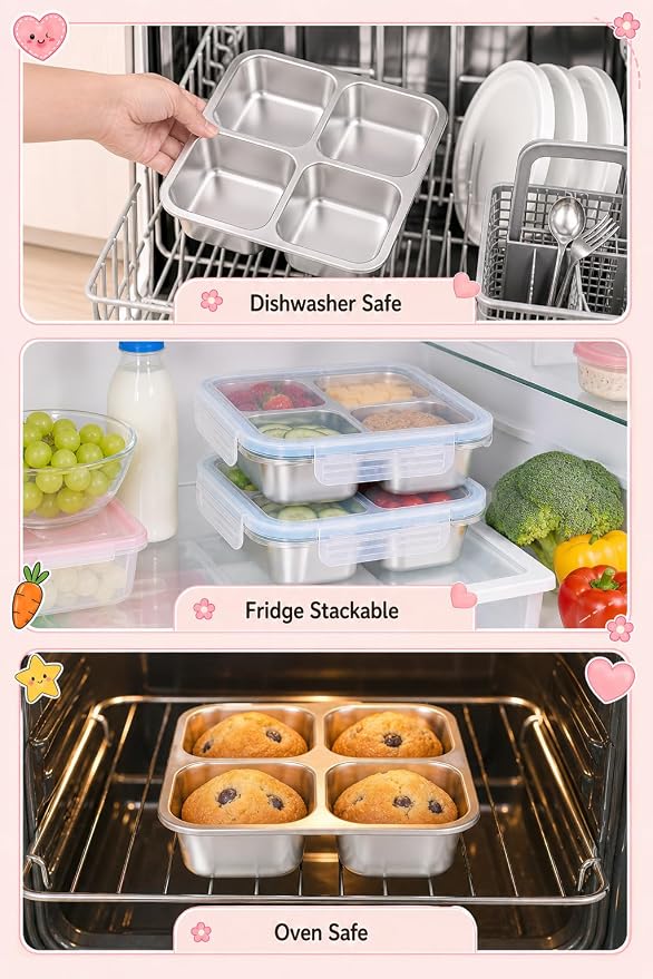 4 Pack Stainless Steel Snack Boxes, Leak-Proof, 4 Compartments, 24 Oz | Reusable, Easy Open, Food Storage & Meal Prep Containers, Dishwasher Safe, for Office, Travel, On-the-Go Snacking