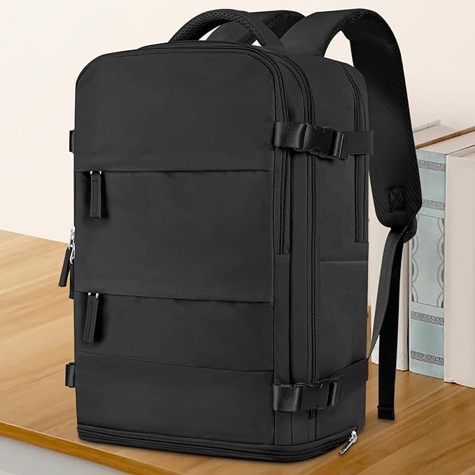 coowoz Travel Backpack For Women Men,Carry On Backpack Flight Approved,Hiking Backpack Water-Resistant Outdoor Sports Rucksack Casual Daypack Fit 15.6 Inch Laptop Shoes Compartment (Black)
