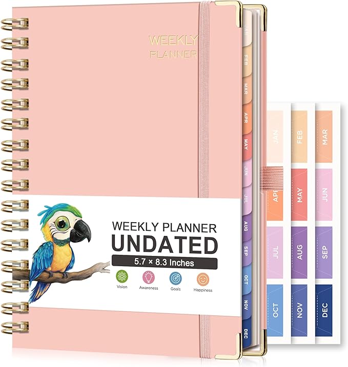 RETTACY Undated Planner, Weekly and Monthly, 53 Weeks and 12 Months, Medium Size (5.7" x 8.3"), 24 Self-adhesive Monthly Tabs, Hardcover, 100 GSM Thick Paper, Spiral-bound (Pink)