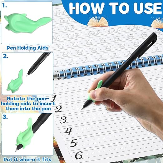 gisgfim Grooved Cursive Handwriting Workbook Magic Reusable Grooved Cursive Handwriting Practice Guided Tracing with Disappearing Ink Pens for Beginners Kids Learning Activities Supplies (Number)