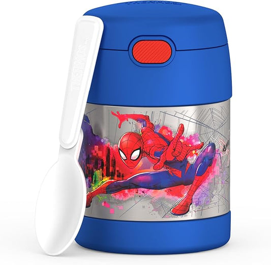 THERMOS FUNTAINER Insulated Food Jar, 10 Ounce, Kid Friendly Food Jar with Foldable Spoon, Spider-Man