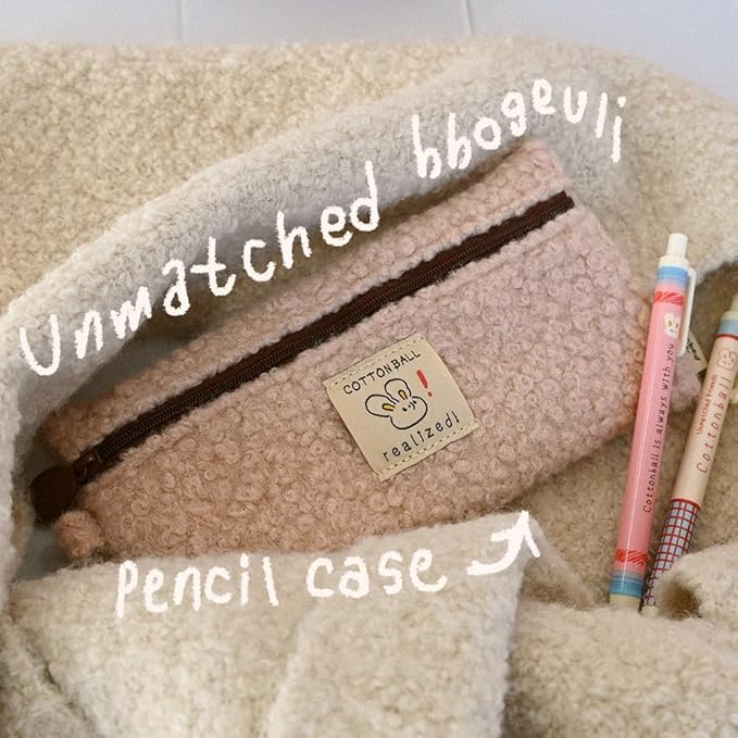 Monolike Unmatched Friends Bbogeuli Pencil Case, Pink - Slim Fuzzy Fleece Pen Pouch for Daily Use with Stain-Resistant Lining