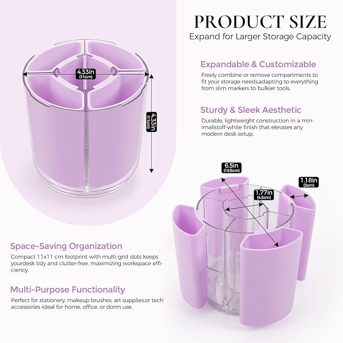 KONVINIT Purple Pen Holder for Desk, 5 Slots 360° Rotating Pen Organizer, Cute Desk Organizers and Accessories for School, Home, Office and Art Supply