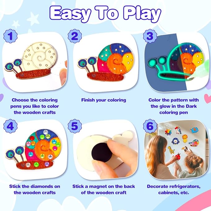 EAPHANT Kids Crafts, 15 PCS Kids Activities Arts and Crafts Painting Kits, Glow in The Dark Wooden Magnets to Paint