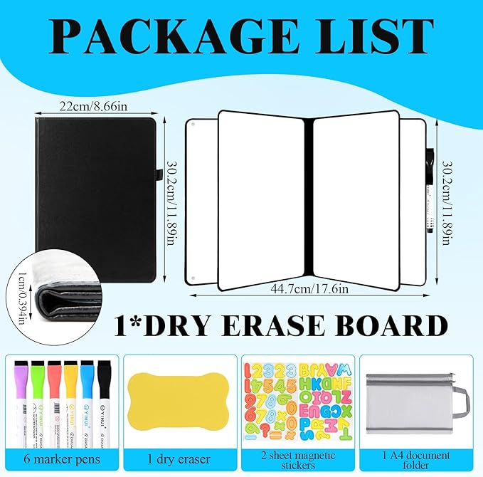 6-Sided Magnetic Dry Erase Notebook, 9 x 12in Portable White Boards Dry Erase, Foldable Whiteboard Reusable Notebook, Dry-Erase Notebooks with 6 Dry-Erase Pens, School, Office, Meetings