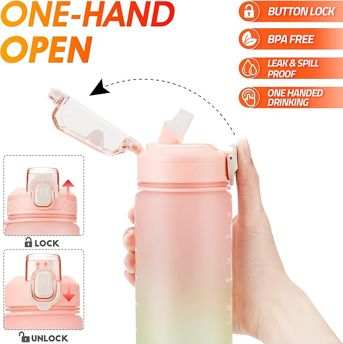 YC Kitchen Motivational Water Bottle with Time Marker- 32oz Water Bottles with Times to Drink, Leakproof & BPA Free Sports Water Bottle with Straw & Carry Strap for Fitness, Gym, and Outdoor Sports