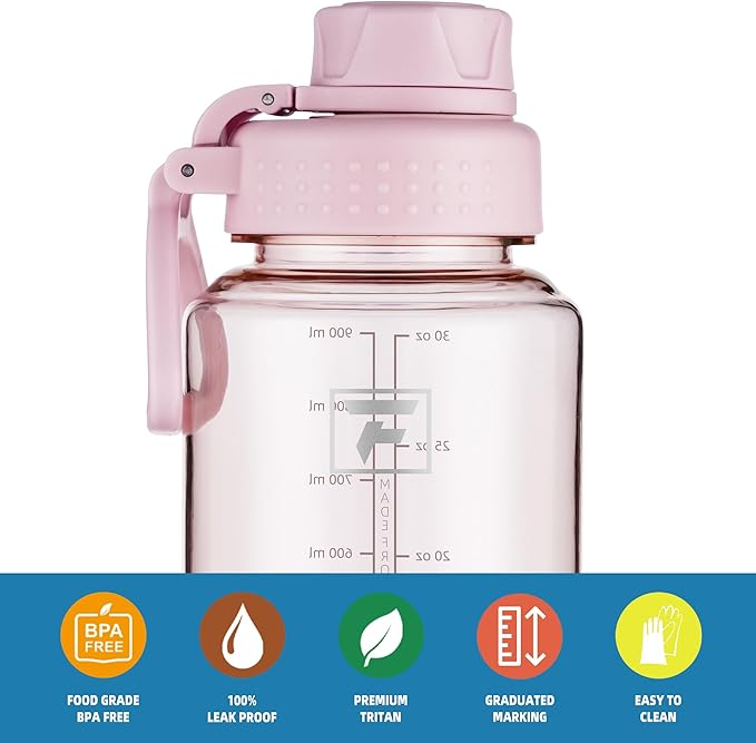 Fanhaw 32 oz Clear BPA-Free Tritan Water Bottle with Fast-Flow Spout Lid, Leakproof Wide-Mouth Reusable Bottle for Gym, School & Office (Cherry Blossom)