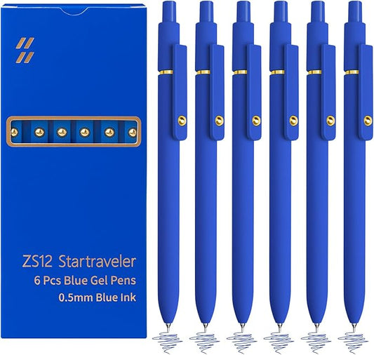 YOXMJDB 6 Pcs Blue Ink Pens for Journaling 0.5mm Fine Point Blue Gel Ink Pens, Smooth Writing Quick Dry Pens for Note Taking, Gift Set for Women & Men (6 Pcs Blue Gold)
