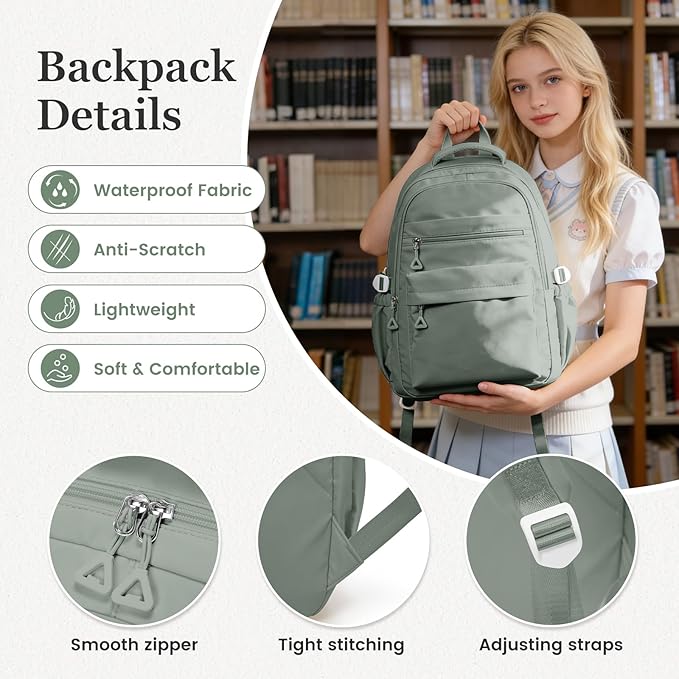Backpack for College Students Women Men, Aesthetic Backpacks for Middle School, Waterproof Bookbag, Lightweight High School Backpack for Teens Boys Girls(Green)