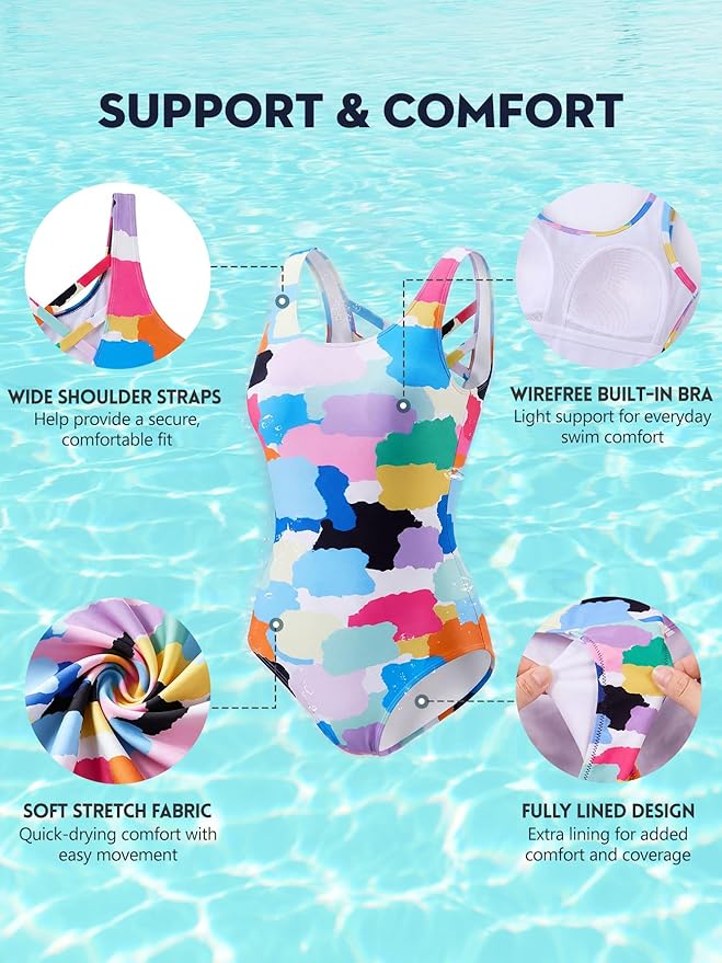 Modest Full Coverage One Piece Swimsuit Floral Bathing Suit Criss Cross Back Swimwear with Built-in Bra