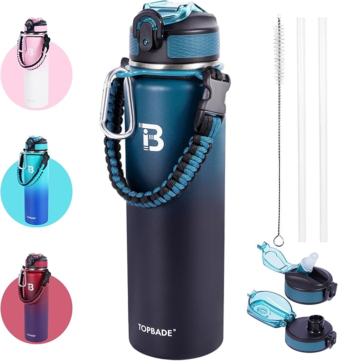 TOPBADE 32oz Insulated Water Bottle with Straw Lid & Spout Lid & Paracord Handle, Stainless Steel Water Bottle Wide Mouth, Double Wall for Women Men Gym Fitness Outdoor
