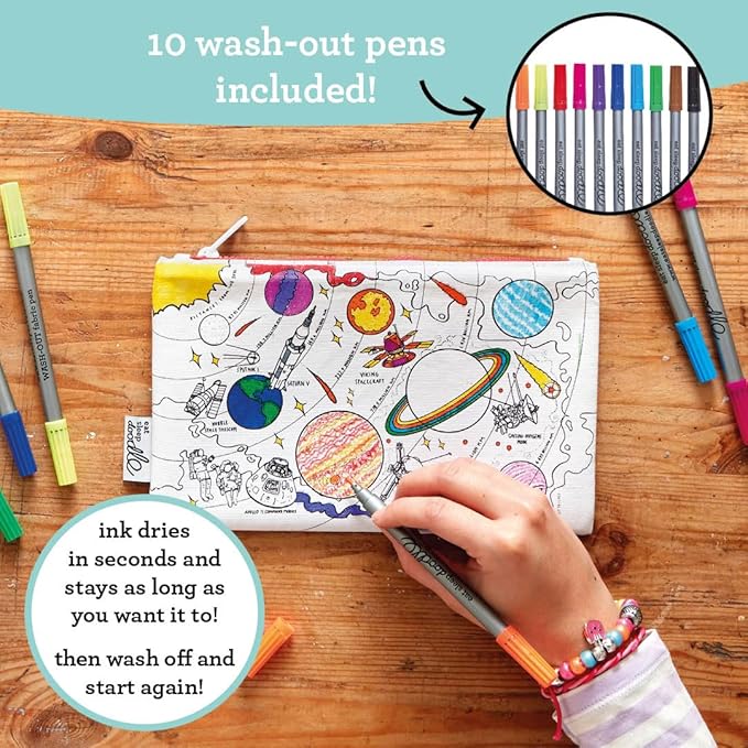 eatsleepdoodle DIY Coloring Solar System Pencil Case for Kids with 10pcs Washable Markers, Reusable Art Supply Organizer, Fun Arts & Crafts Activity for Boys & Girls, Creative Gift Idea for Ages