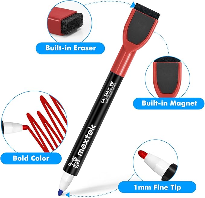 maxtek Dry Erase Markers - 6 Count Red Magnetic Dry Erase Markers Fine Tip with Eraser, Low Odor Whiteboard Markers for Calendar Boards