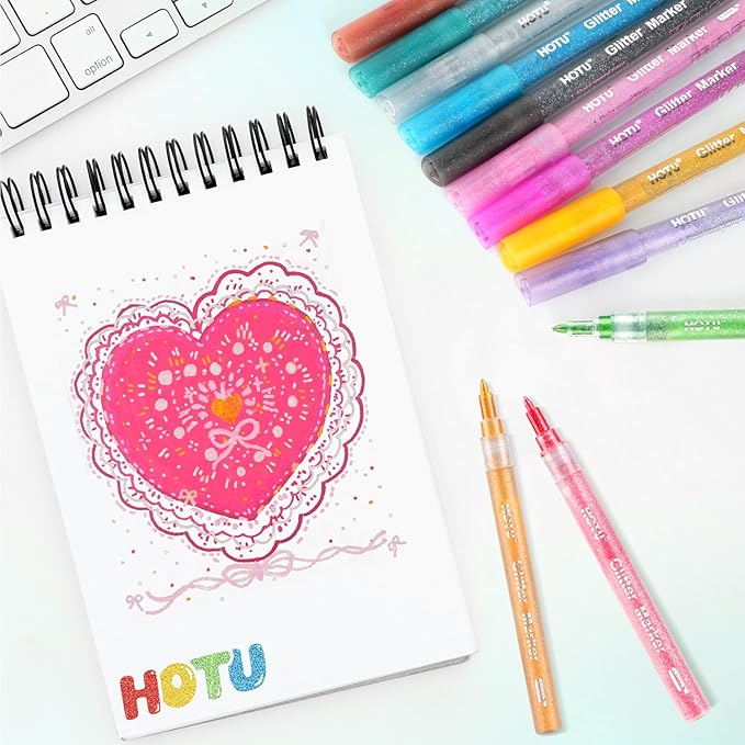 HOTU Glitter Markers Pen, 12 Glitter Colors Paint Pens Sparkly Metallic Shimmer Acrylic Marker Fine Point Tip 0.7mm Water-based Ink for Adults DIY Crafts Greeting Birthday Cards