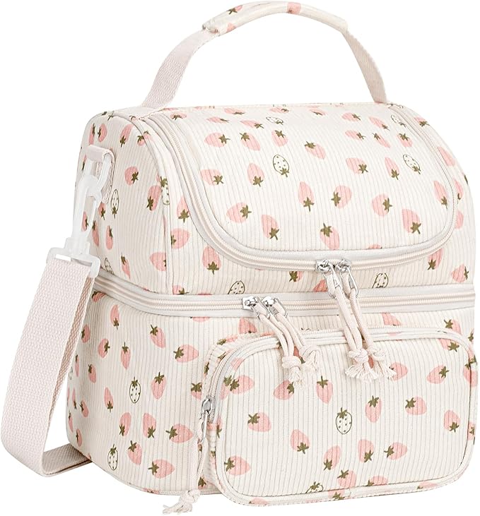 HowFly Lunch Bag for Women Insulated Lunch Boxes Corduroy Resuable Double Deck Lunch Box for Girls Teens Kigs Boys Portable Thermal Cooler Bags for School Work, Beige Strawberry (Pink)