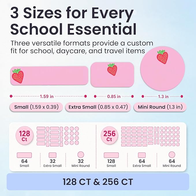 Label Daddy Personalized Name Labels for School, Strawberry Design | Waterproof Name Tags for Kids, Washable Custom Daycare Labels, Clothes Lunchboxes Water Bottles and More, 128 Ct & 256 Ct