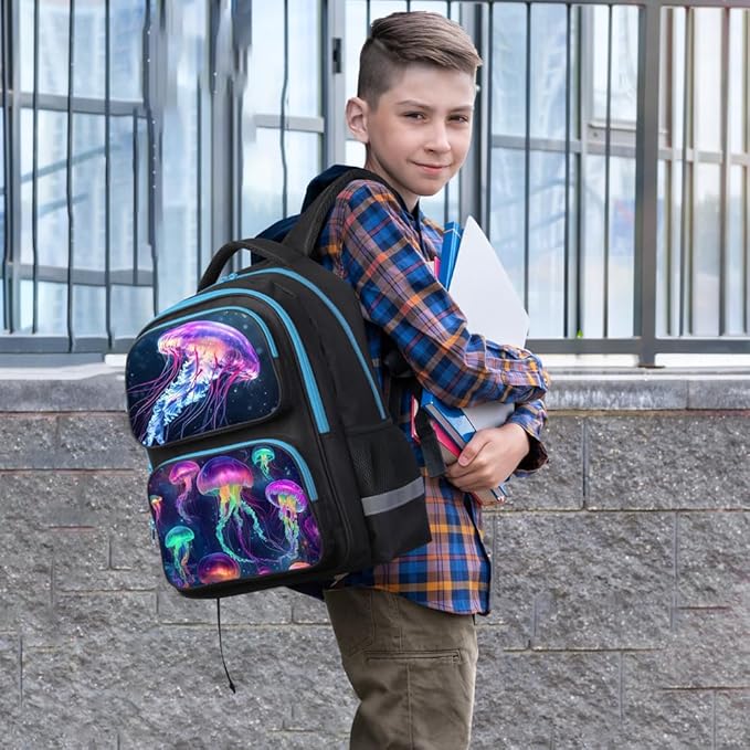 HiMagics Kids Backpack for Boys Girls Preschool Kindergarten Backpacks Lightweight Elementary Middle School Bookbag with Lunch Box Set and Chest Strap （Jellyfish）