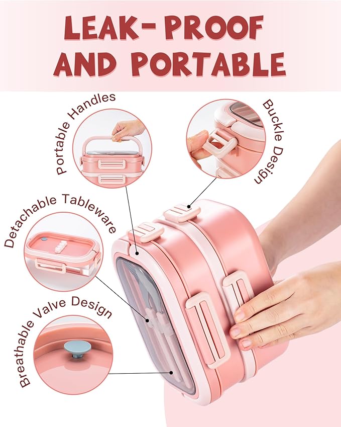 Lille Home Stackable Lunch Box, 2 Tier Stainless Steel Bento Lunch Box, 56oz Large Capacity Leakproof Lunch Containers, 4-Compartment Lunch Box with Utensils for Meal Prep, Work, Picnic(Pink)