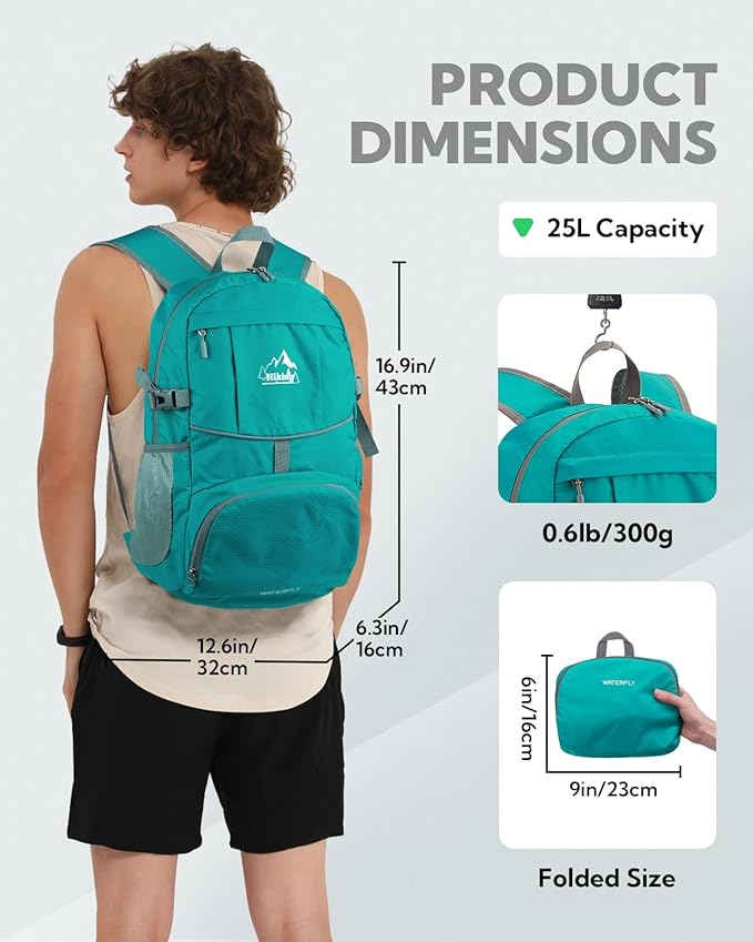 WATERFLY Hiking Packable Daypack Backpack: 25L Ultra Lightweight Day Pack for Women Men - Small Compact Folding Back Pack for Outdoor Sport Cycling Camping Travel Trip - Turquoise