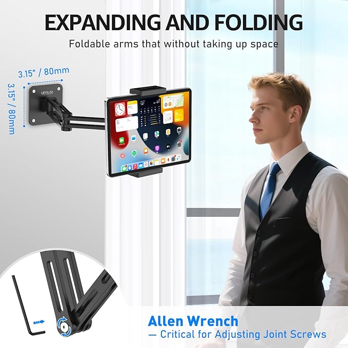 Urmust Adjustable Tablet Wall Mount, iPad Wall Mount Holder with 360° Swivel, Extendable Wall Holder for 4.7-13" Phones & Tablets, Long Arm Foldable Bracket for iPad Pro/Air/Mini,Galaxy Tab, Kindle