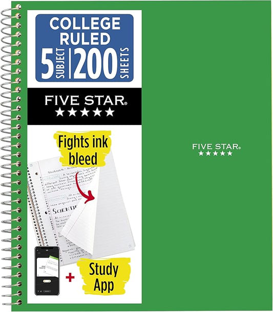 Five Star Spiral Notebook + Study App, 5 Subject, College Ruled Paper, 8.5" x 11", 200 Sheets, Green (Color May Vary) (72079)