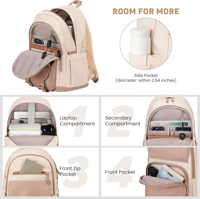 WINDARS School Backpack with Lunch Box for Teen Girls, Cute College Backpacks for Women Students Aesthetic Bookbag Large 15.6 Inch Laptop Bag Middle School Travel Back Pack (Khaki Beige-3 Pcs)