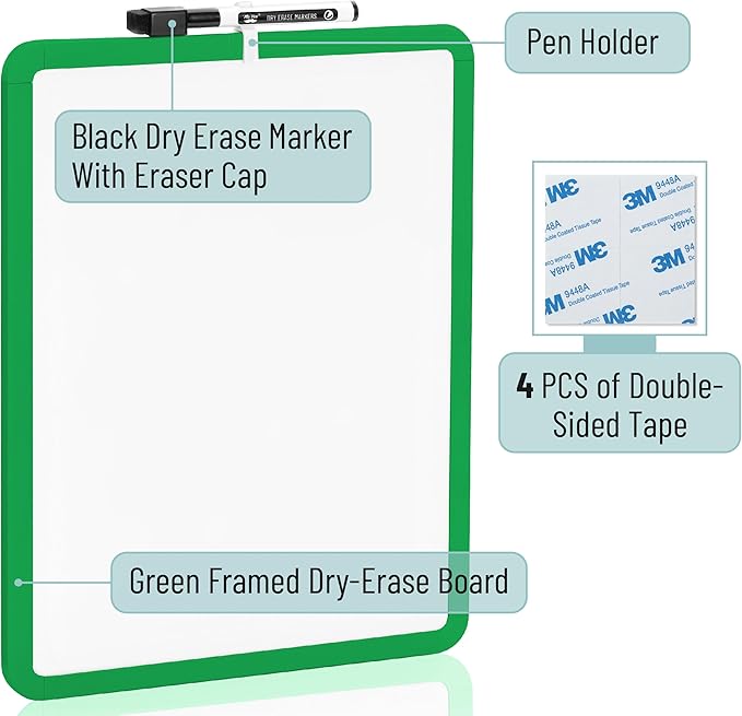 Mr. Pen- Dry Erase Board, 14” x 11” with a Black Dry Erase Marker, Green Frame, Small Mini White Board for Students, Fridge, Wall, Locker, Includes Double Sided Tapes