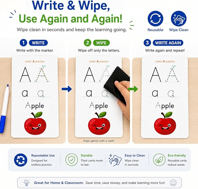 Write & Wipe Activity Cards for Kids, Reusable Tracing Flash Cards, Preschool Handwriting Practice Set, Letter Number Math Learning Activities Ages 3-6 (Letter Tracing)