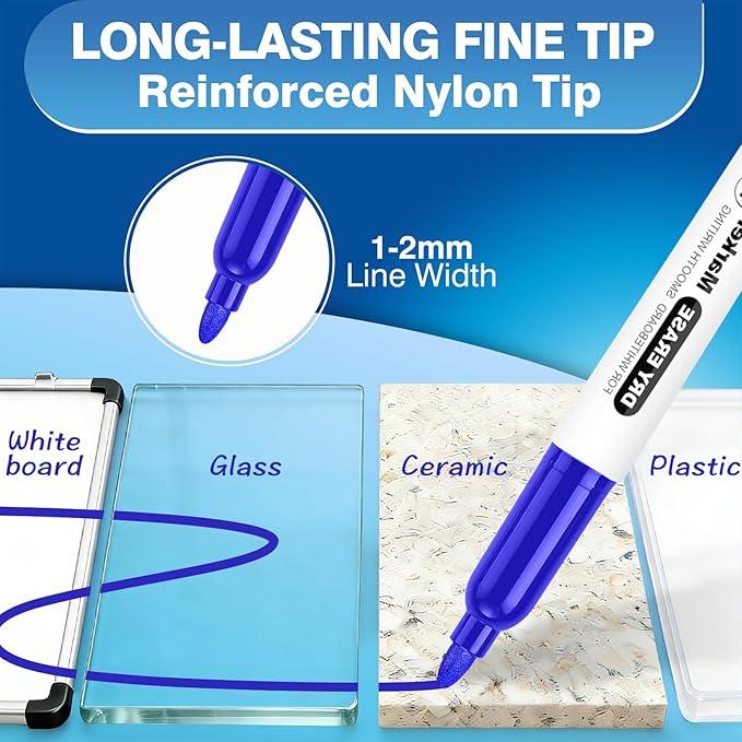 SFAIH Fine Tip Dry Erase Markers - 24 Pack Blue Whiteboard Erasable Markers Bulk, Ideal for Brainstorming & Visual Planning, Teams, Teacher & Creative Sessions, Vivid Blue Ink, Non-Toxic Easy Clean