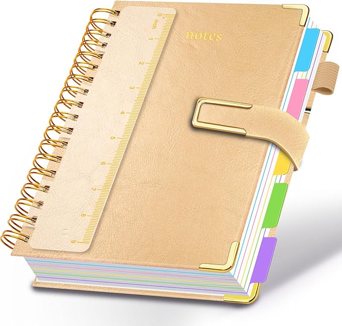 Hardcover Spiral Notebook College Ruled, 8"x10" Leather Journal Notebook with Magnetic Closure, 300 Pages 5 Subject Notebook with Dividers Tabs Journal for Women Men, Work, School(Golden)