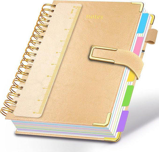 Hardcover Spiral Notebook College Ruled, 8"x10" Leather Journal Notebook with Magnetic Closure, 300 Pages 5 Subject Notebook with Dividers Tabs Journal for Women Men, Work, School(Golden)