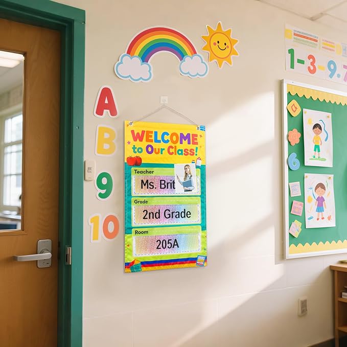 Welcome to Our Classroom Sign, Classroom Door Signs, Teacher Door Sign, Classroom Door Hangers, Transparent Pockets with 6 Cards, Gift for Teacher, Back to School Decoration, 21.5" x 11"