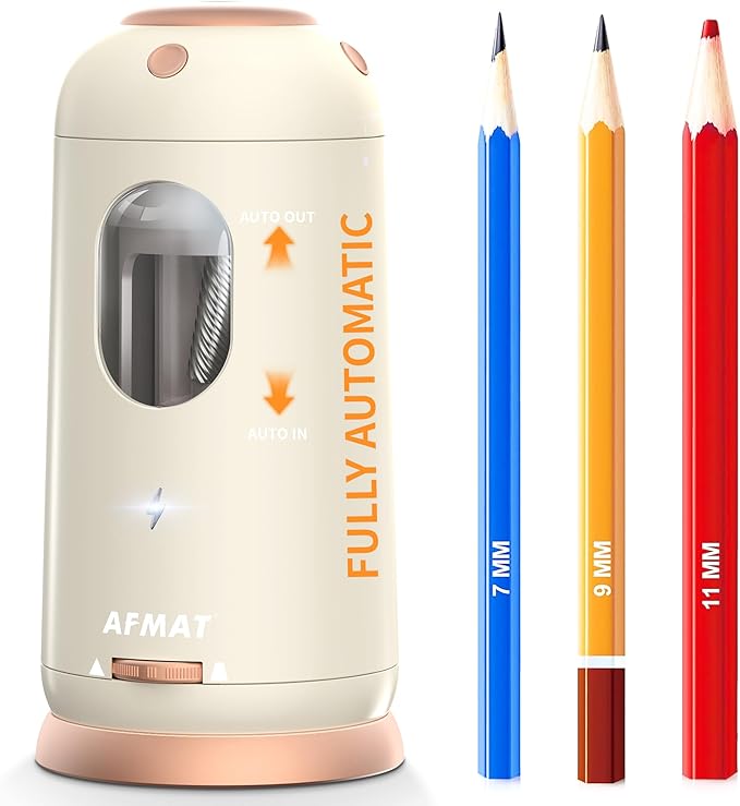 AFMAT Electric Pencil Sharpener, Auto in & Out, Fully Automatic Pencil Sharpener, Rechargeable Hands-Free Sharpeners for Jumbo & Colored Pencils (7-11.5mm), Good for Classroom/Home PSC8(Off White)