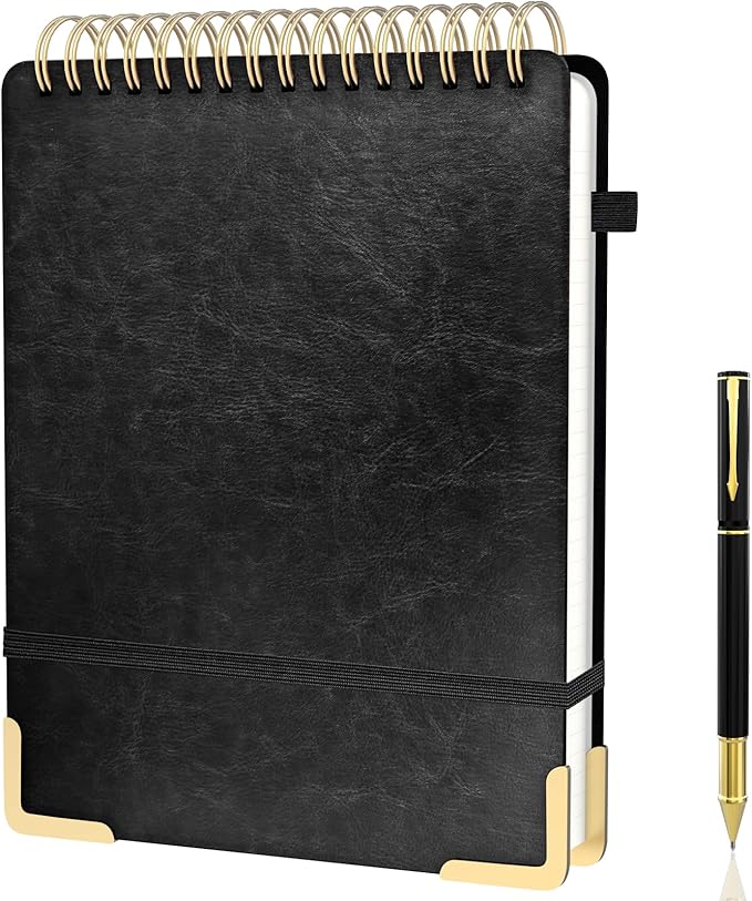 A4 Top Spiral Notebook, Large Leather Hardcover Top Bound Steno Pads, 240 Pages 100 gsm Thick Lined Paper Left Handed Notebook Journal for Work, School, Meeting Writing - Black, 8.5" x 11"