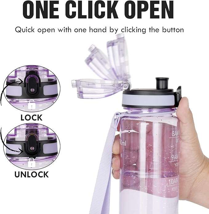 OLDLEY Water Bottle, 32oz Motivational Sports Water Bottle with Time Marker - Times to Drink - Tritan, BPA Free, Wide Mouth Leakproof,Anniversary Birthday Gifts for Men Women, Amethyst (1 Bottle)