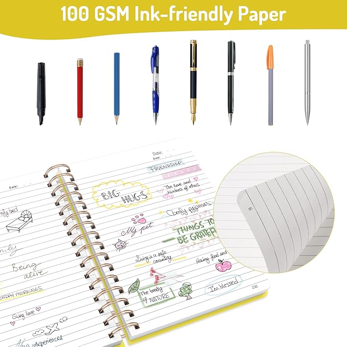 Forvencer Lined Spiral Journal Notebook with 300 Numbered Pages, A5 Thick Journals for Writing with 100GSM Paper, Hardcover Notebooks with Contents for Work, School, Women, Men, Yellow