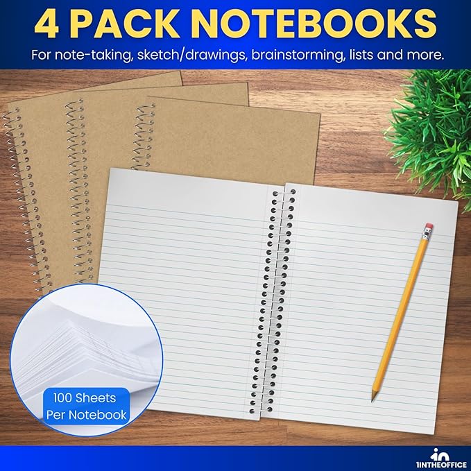 1InTheOffice Wirebound Spiral College Ruled Notebook 6 x 9, 3 Subject Notepad, Kraft Cover, 100 Sheets, (4/Pack)