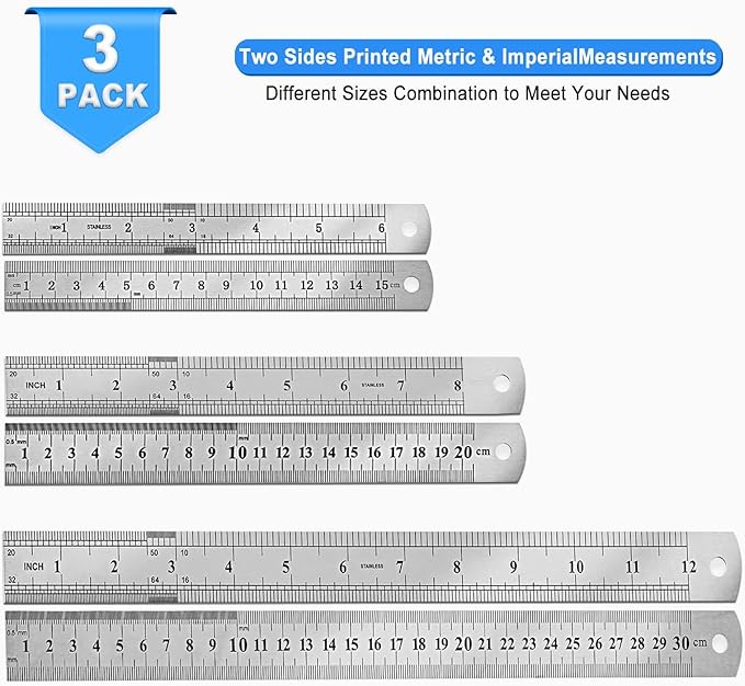 3 Pack Metal Ruler, Double-Sided Scale【6,8,12inch & 15,20,30cm】 Steel Ruler Set for Architects, Home, School, Office and Craft