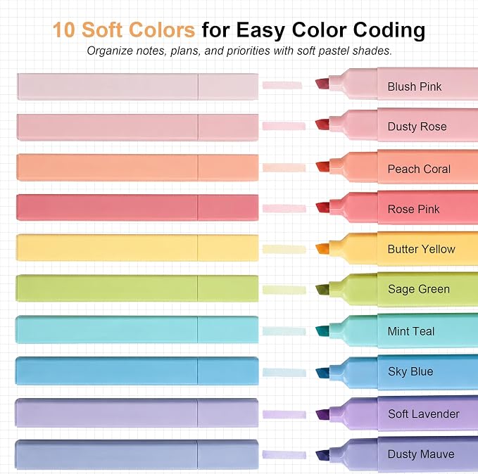 TONOS Highlighters Assorted Colors, 10 Pack Bible Highlighters No Bleed | Pastel Highlighters with Chisel Tip, Highlighter Pens for Journaling Bible Study School Notes Planner Office Supplies
