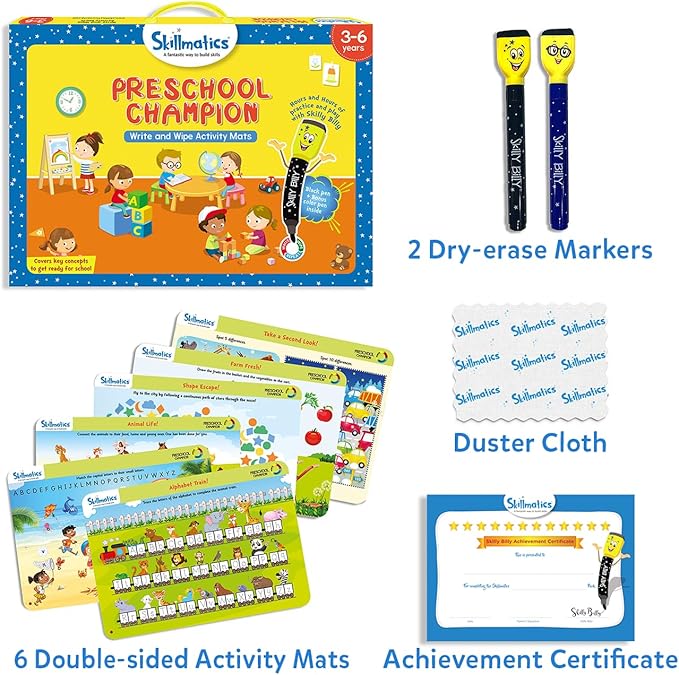 Skillmatics Educational Game : Preschool Champion | Reusable Activity Mats with 2 Dry Erase Markers | Gifts & Preschool Learning for Ages 3-6