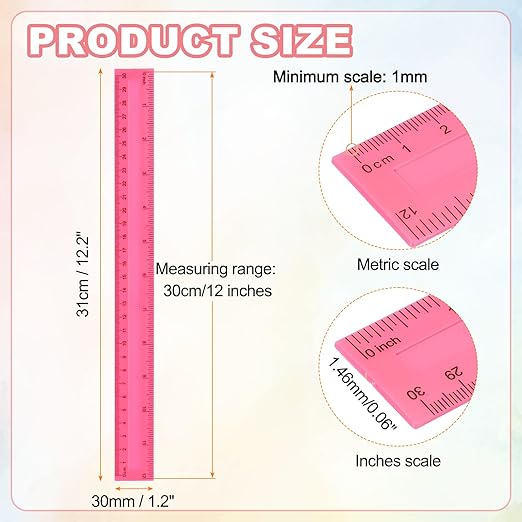 HARFINGTON 20pcs Plastic Rulers 12" (30cm) Clear Straight Ruler Measuring Tool Inches and Centimeters for Home Office Classrooms Drafting, Pink