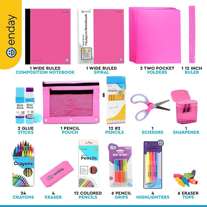 Enday Back to School Supplies for Kids, Pink School Supply Box Grades K-5, Premium Quality Kids School Kit, Kindergarten Supplies for Girls and Boys, 78 Piece Set