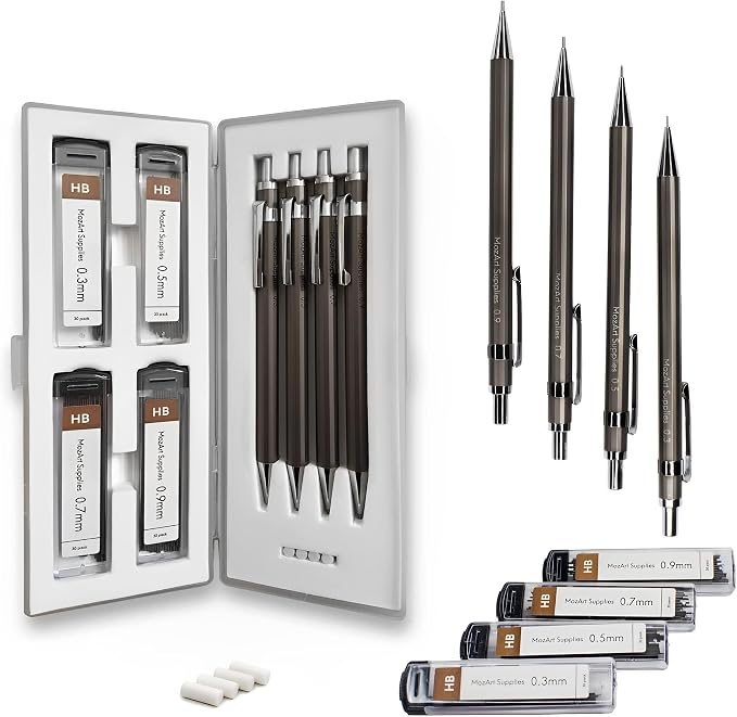 MozArt Mechanical Pencil Set 4 Sizes 0.3 0.5 0.7 0.9mm HB Lead Nickel | 30 HB Lead & Eraser Refills – Sketch, Drafting, Art & Drawing for Artists, Students & Architects – Nickel Metal Grip