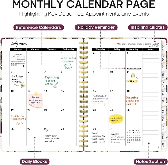 Planner 2026–2027, Academic Monthly Weekly Spiral Calendar, July 2026 – June 2027, Hardcover Agenda Notebook with Tabs, 6.3" x 8.5", Perfect for Students, Teachers, School & Daily Planning - Vineyard Birds