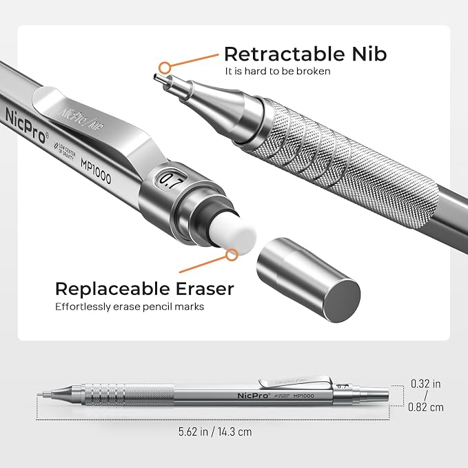 Nicpro 2 PCS Metal Mechanical Pencil 0.5mm & 0.7 mm with Case | MP1000 Pencil Set with 4 Tubes HB Lead Refills, 2 Eraser, 9 Eraser Refill For Art Writing Drafting, Sketch, College - Silver