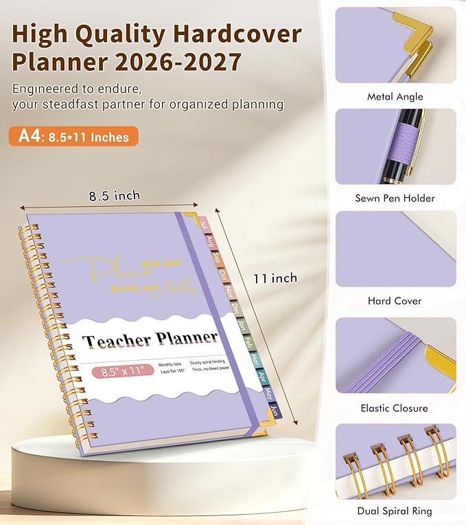 Teacher Planner 2026-2027, July 2026 - June 2027, Academic Weekly & Monthly Calendar Planner with Tabs, 8.5" x 11" A4 Teacher Lesson Plan Book with 7 Periods, Daily Agenda School Organizer for Teacher Student Homeschool Purple