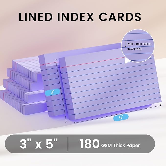 Index Cards 3x5 Inch, 300sheets, Flash Cards,Ruled Lined Purple Note Cards Paper For Studying, Schools Supplies, College, Office And Home Organization, Note Taking Supplies